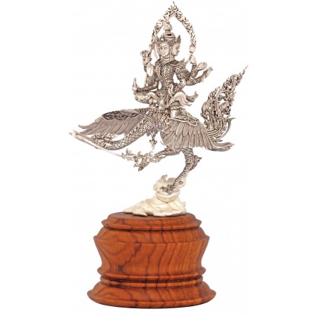 (Silver Plated with  Black Satin Finishing) 4 Faces Buddha (Prasit Brahma) Riding on the Flying Heaven Swan on Teak base 18 cm 