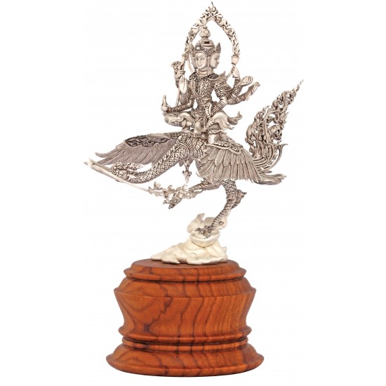 (Silver Plated with  Black Satin Finishing) 4 Faces Buddha (Prasit Brahma) Riding on the Flying Heaven Swan on Teak base 18 cm 